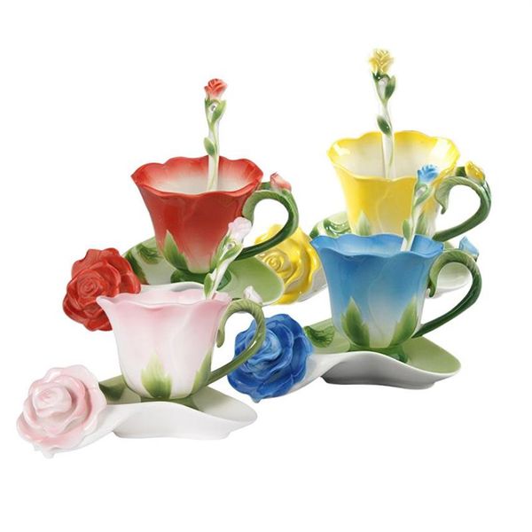 Cuillère à café, thé et soucoupe en céramique émaillée en forme de Rose 3D, tasse en porcelaine de haute qualité, cadeau créatif de saint-valentin Design285W