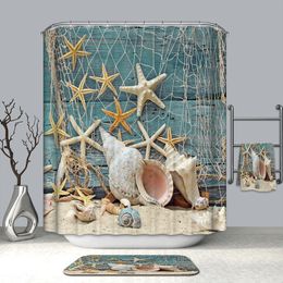 3D Zeezicht Douche Gordijnen Zee Star Conch en Shell Waterdicht Mildew Proof Dikte badgordijnen voor badkamer T200711