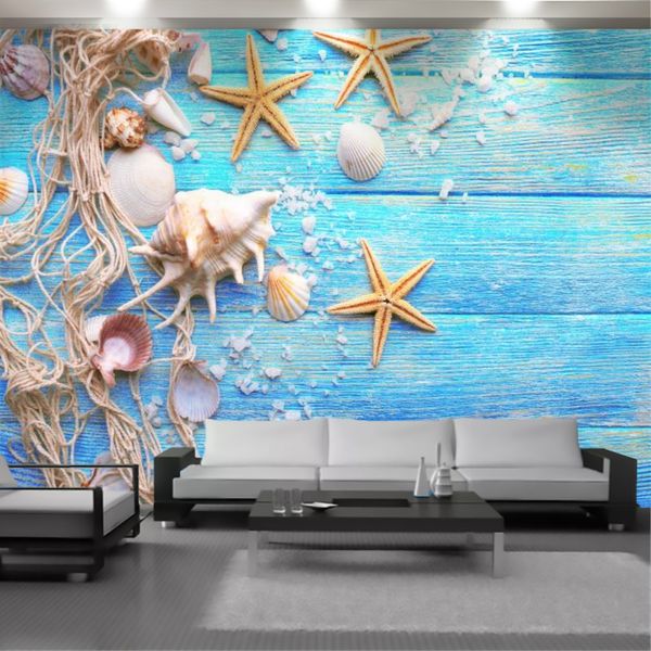 Papel tapiz de paisaje marino 3d, papel tapiz, tablero de madera azul, concha de estrella de mar, decoración Interior para el hogar, sala de estar, dormitorio, pintura, papel tapiz