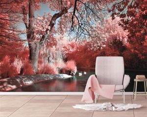 3d zeegezicht behang roze mooi bos meer water zwaan decoratief schilderen romantische landschap decoratieve zijde 3d muurschildering behang