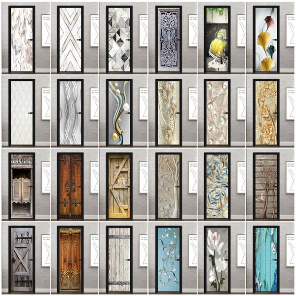 3D autoadhesivo mármol Retro arte flor puerta pegatina pasillo baño decoración pared calcomanía puerta de madera cartel decoración del hogar 220716