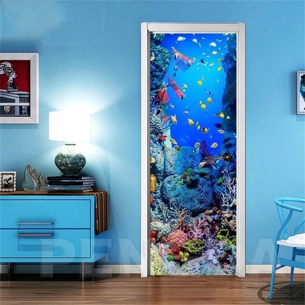 Autoadhesivo 3D Wall Art Decal On Fish Bottom World Door Nueva pegatina para la decoración de la puerta del hogar Renovación Print Canvas Picture T200331