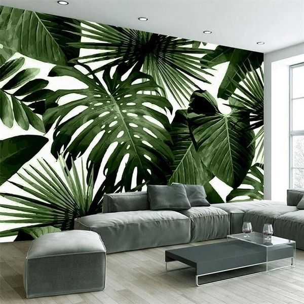 Papier peint mural en toile imperméable auto-adhésif 3D, feuille verte moderne, forêt tropicale humide, plantes murales pour chambre à coucher, autocollants muraux 3D286Y