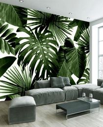 Papier peint mural en toile imperméable auto-adhésif 3D, feuille verte moderne, forêt tropicale humide, plantes murales pour chambre à coucher, autocollants muraux 3D9483160