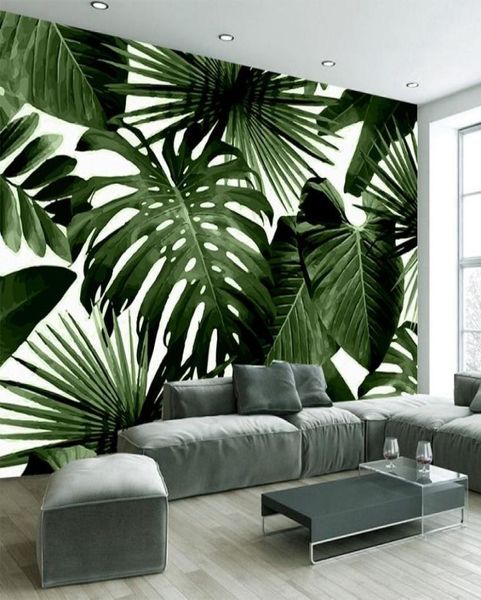 Papier peint mural en toile imperméable auto-adhésif 3D, feuille verte moderne, forêt tropicale humide, plantes murales pour chambre à coucher, autocollants muraux 3D3523564