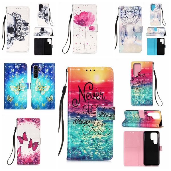 Étuis portefeuille en cuir de crâne 3D pour Samsung Galaxy A54 5G A14 S23 S22 Ultra Plus A13 S20 FE A42 Note 20 Dreamcatcher Flower Butterfly Flip Cover Holder Card Pouch Strap