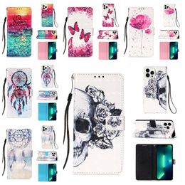 Cajas de billetera de cuero de PU de cráneo 3D para iPhone 15 14 Plus Pro 13 12 11 XS MAX XR X Flor de mar Mariposa de encaje Unicornio Flip Cover Libro Tarjeta de identificación de crédito Ranura Bolsa Monedero Correa