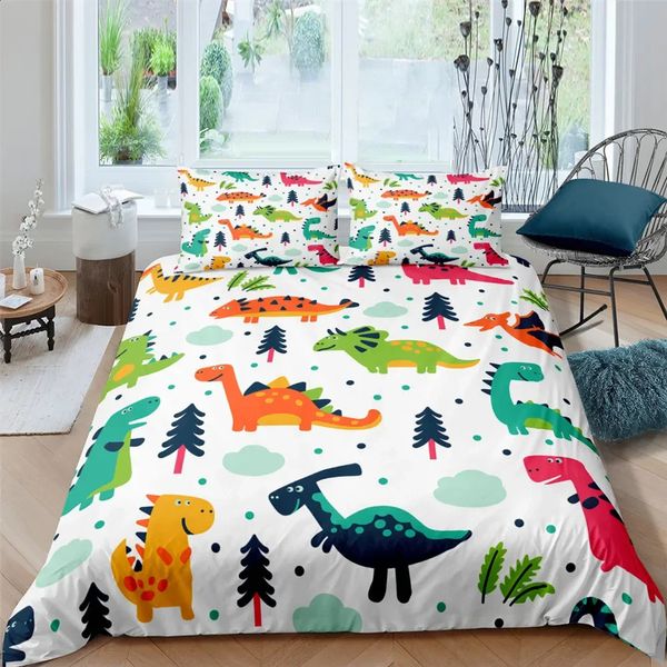 3D petit dinosaure dessin animé mignon Simple ensemble de literie Couple roi taille unique pour enfants enfants Polyester housse de couette taie d'oreiller 240131