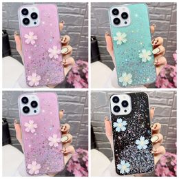 3D Printemps Fleur Bling Paillettes Cas Pour Samsung S22 Ultra Plus A13 A04 A14 A54 M53 M33 A23 A73 A53 A33 A03 Core A13 Feuille Glitter Doux TPU Confetti Clair Téléphone Couverture Peau