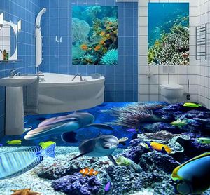 3D stereo vloeren behang slaapkamer badkamer pvc zelfklevende waterdichte onderzeese dolfijn 3D vloertegel muurschildering papel de parede