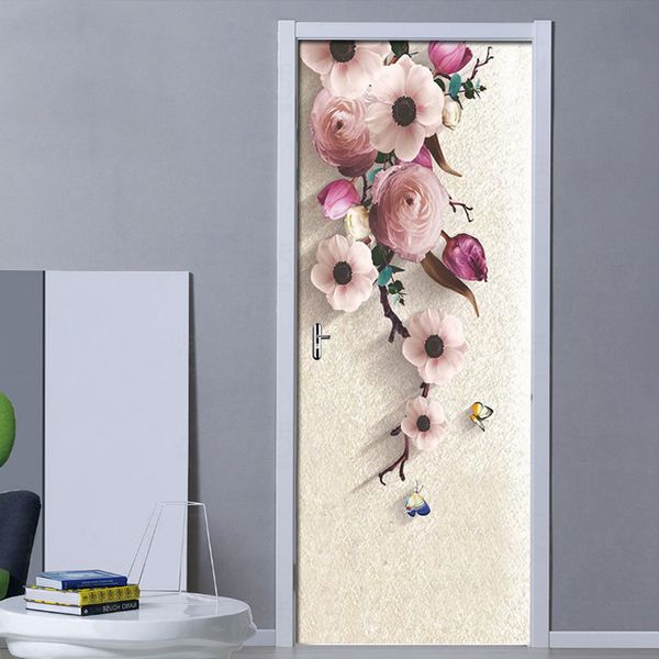 3D Stéréo HD Peint À La Main Rose Fleurs Porte Autocollant Papier Peint Salon Chambre Porte Sticker Mural Stickers Muraux pour La Décoration Intérieure 210317