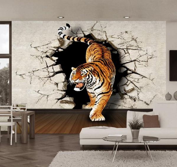 3D stéréo réaliste tigre cassé mur Po Mural papier peint salon salle à manger moderne personnalité décor non tissé fonds d'écran 1364337