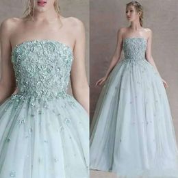 3d sans bretelles Prom Quality Dress Sage High Floral Appliques perles Long Tulle Forme Formal Party Night Robes ES