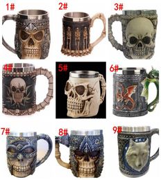 3D opvallende schedel Warrior Tankard Viking Skull Beer Mok 3d Skull Dragon Coffee Tea Bottle Mok Roestvrij staal Cup 9 Design KKA17796756768