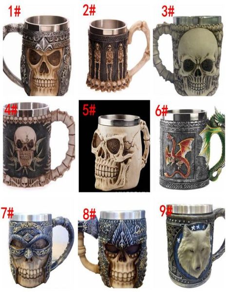 3D Skull Skull Warrior Tankard Viking Skull Bière Tasse de bière 3d Skull Dragon Coffee Thé tasse de bouteille en acier inoxydable 9 Design KKA17796280226