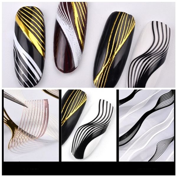 Autocollants pour ongles à motif de rayures 3D, décalcomanies or noir blanc élégant Simple décoration Nail Art à faire soi-même, fournitures de Nail Art