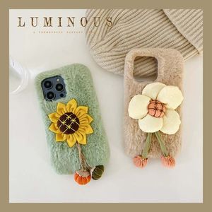 3D Zonnebloem hoesjes voor iPhone 15 14 13 Pro Max 12 11 X XS XR 8 7 6 Plus echt konijnenhaar pluche mode bloem bloemen pluizig bont meisjes zacht TPU schattig fuzzy gel telefoonhoesje