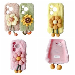 3D Sunflower Plush Cases voor Huawei Pura 70 Pro 70 Fashion Stylish echt konijnenhaar Zonneer Bloem bloemen Fluffy Fur Girls vrouwen zachte tpu fuzzy mobiele telefoon achteromslag