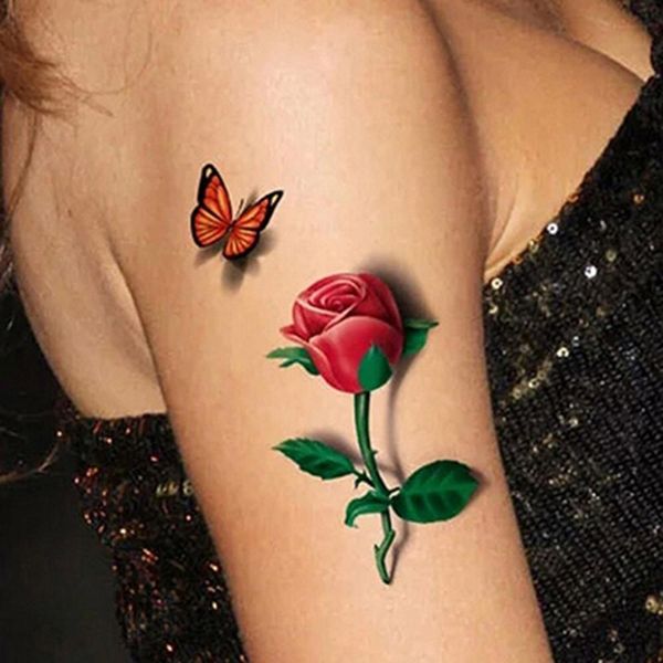 3D temporaire amovible étanche coloré Body Art papillon fleur tatouage autocollant 3D papillon Rose fleur pour le corps des femmes