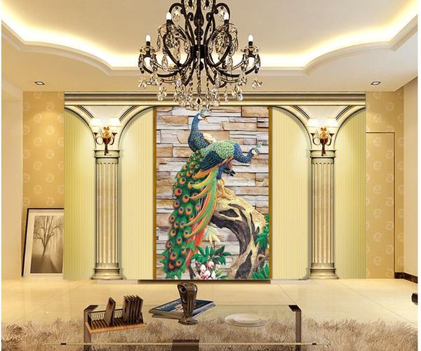 3D Colum d'or tridimensionnel de paon de paon de fond de la décoration murale