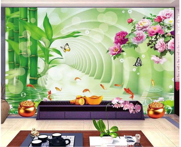 lotus bambou espace 3D en trois dimensions pivoines fond d'écran de poissons pour les murs 3 d pour le salon