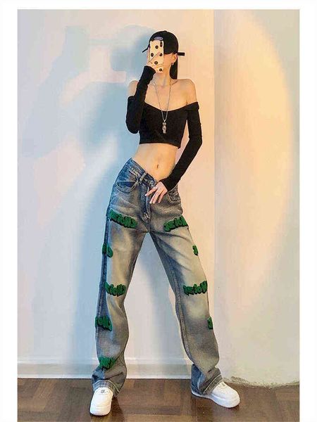 Jeans brodés en serviette tridimensionnelle 3D pour femmes, pantalons neutres de rue américaine, pantalons droits décontractés et amples à jambes larges, T220728