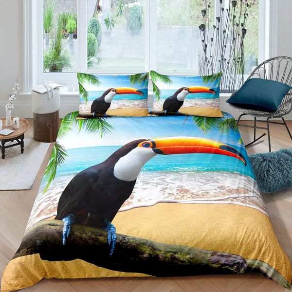 3d toucan king reine couette couvercle de safari animaux de safari ensemble de la literie de jungle tropicale couverture de courtepointe fraîche couverture de couette verte de nature fraîche