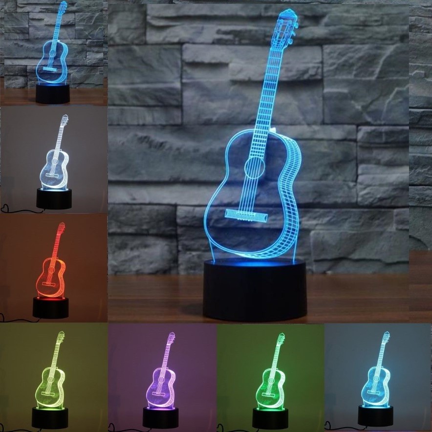3D Ukulele Guitar Model Night Light 7 Färger byter LED -lampdekor gåvor Hemdekor244V
