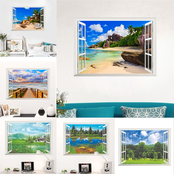 3d ventana vívida bosque lago playa pegatinas de pared calcomanías dormitorio sala de estar decoraciones pegatina mural cartel caliente decoración del hogar calcomanía