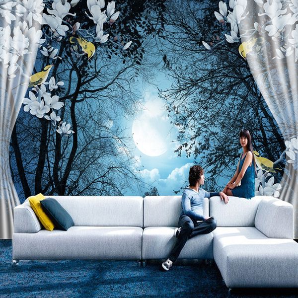 Papier mural mural 3d Papier peint naturel Night Forest Moon Paysage Paysage Paysage Paysage Paysage Fenêtre