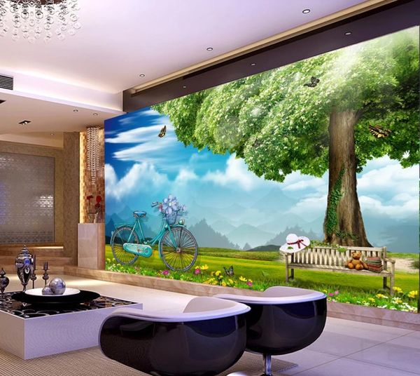 Peintures murales en 3D papier peint Beau petit ciel bleu nuages ​​blancs grand arbre TV fond décoration murale peinture