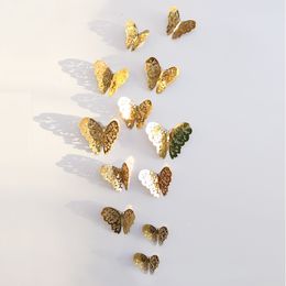 Panneau mural 3D 12pcsset autocollant creux papillon argent or décoration de mariage maison salon décor papillons décalcomanie autocollants 230707