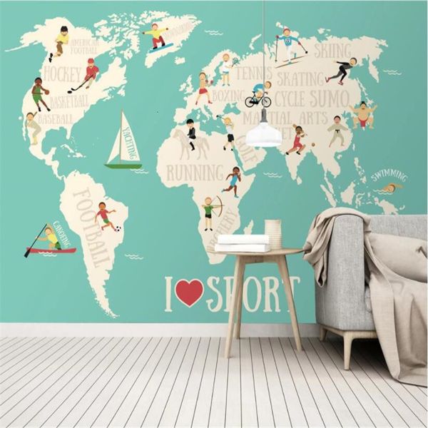 Panel de pared 3D Nordic Modern Fresh Cartoon Sports World Map Fondo Mural Wallpaper para habitación de niños Custom Children's Room Decor Wall Paper 3D 230628