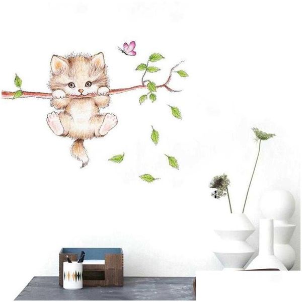 3D Panneau Mural Autocollants Mignon Chat Papillon Arbre Branche Pour Enfants Chambres Décoration De La Maison Dessin Animé Animal Stickers Diy Affiches Décor Drop De Dhsme