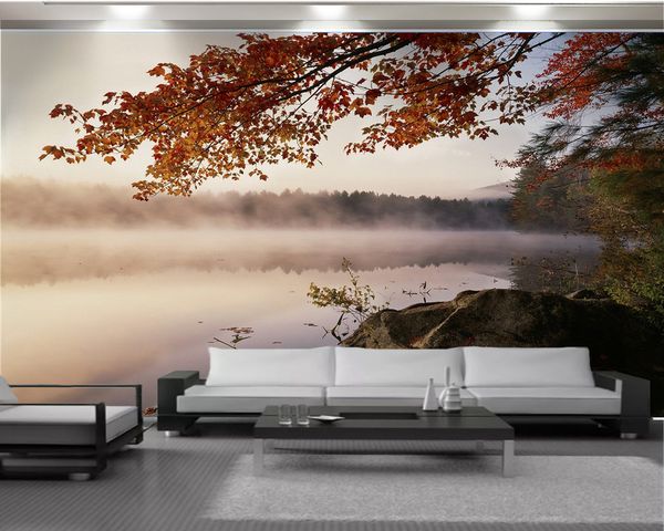 Papel de pared 3d para dormitorio, superficie fantástica del río y hermoso paisaje de hojas de arce, decoración de interiores, papel tapiz Mural de seda