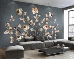 Papel de pared 3d para dormitorio, arte nórdico romántico, flor, pájaro, TV, sofá, hermoso papel tapiz decorativo HD