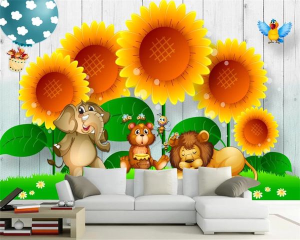 Papel de pared 3d para habitación de niños Hermoso tablero de madera Flor de girasol Animal de dibujos animados Fondo Pintura de pared Papel tapiz HD