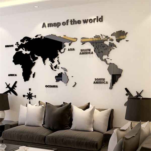 3D Wall Sticker Acrylique Décorations Murales Salon Chambre Carte Du Monde Autocollants Décor À La Maison 5 Tailles One Piece Papier Peint Vente Chaude 201106