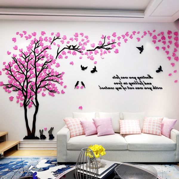 Etiqueta de la pared 3D Árbol de amor con calcomanías de conejo de pájaro para la decoración de la sala de estar de la pared Pegatinas de pared de acrílico TV Fondo de pantalla 210308