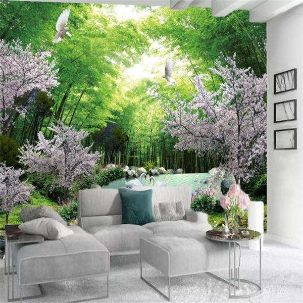 3d revêtement mural papier peint romantique lac des cygnes dans la forêt de bambous verdoyante salon chambre cuisine peinture murale papiers peints