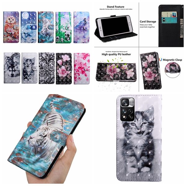 3D Portefeuille en cuir pour Google Pixel 7 Pro Xiaomi Redmi 10 Note 11 4G Moto G22 ONE PLUS 10 PRO CE2 5G Fleur Dentelle Tiger Owl Cartoon Cute Cat Slot Slot Porte-identifiant