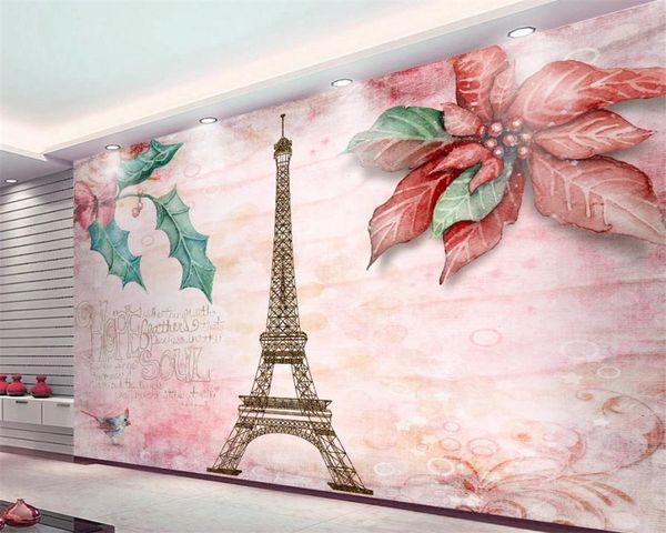 Papier peint 3d chambre à coucher 3d papier peint moderne fleurs romantiques tour Eiffel TV fond mur paysage décoratif soie 3d papier peint mural