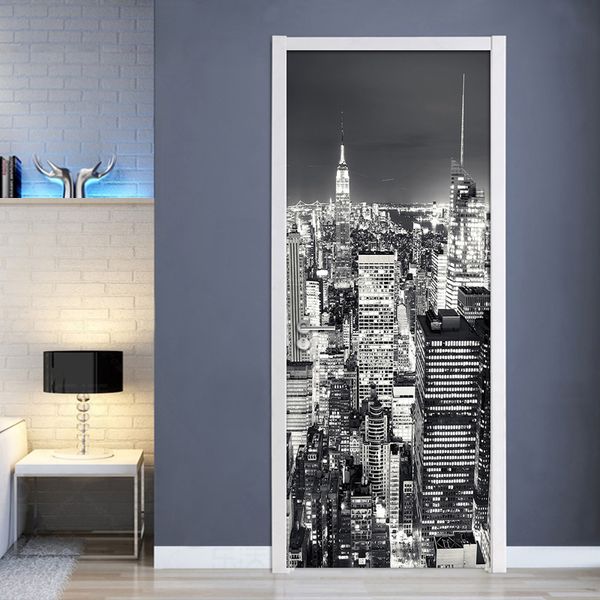 3D Papier Peint Noir Blanc Ville Bâtiment Paysage Mural Salon Salle D'étude Porte Autocollant PVC Auto-Adhésif Étanche Papier Peint 210317