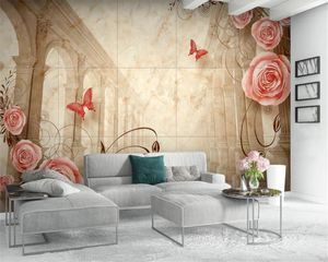Papel tapiz 3d, piedra de ladrillo, mármol romántico europeo, columna romana, flores, TV, sofá, fondo, pared, Mural decorativo 3d