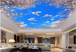 Fond d'écran 3D PO personnalisé Cherry Blossom Blue Sky Blanc White Cloud Plafond Mural Salon Home Decor 3D Muraux muraux Fond d'écran pour WA8954304