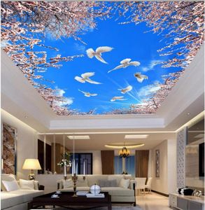 Papier peint 3d personnalisé po fleur de cerisier bleu ciel blanc nuage plafond mural salon décor à la maison 3d peintures murales papier peint pour wa2021704