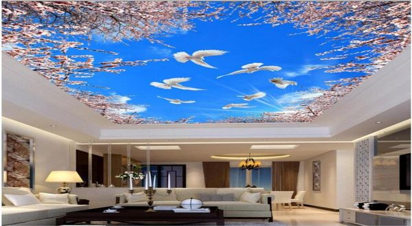 Fond d'écran 3D PO personnalisé Cherry Blossom Blue Sky Blanc White Cloud Plafond Mural Salon Home Decor 3D Muraux muraux Fond d'écran pour WA4007425