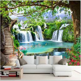 Papier peint 3d personnalisé po mural Simple arbre vert forêt cascade paysage décor à la maison 3d peintures murales papier peint pour murs 3 d liv264t