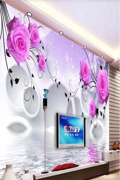 Papier peint 3d personnalisé po peintures murales reflets roses sur le mur de fond du cercle 3D décor TV art mural pictures6533004