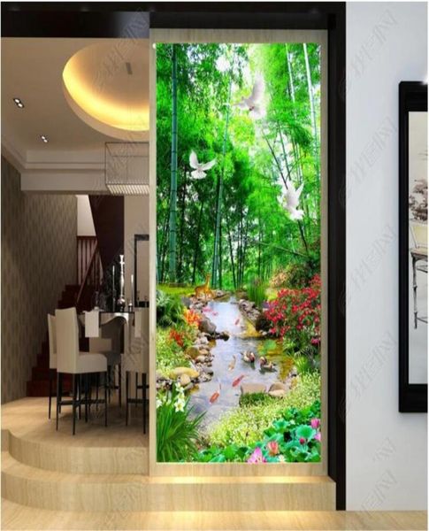 Papier peint 3d personnalisé po la peinture murale 3D forêt de bambou frais eau et richesse fleurs porche fond mur muals papier peint pour wal8637336